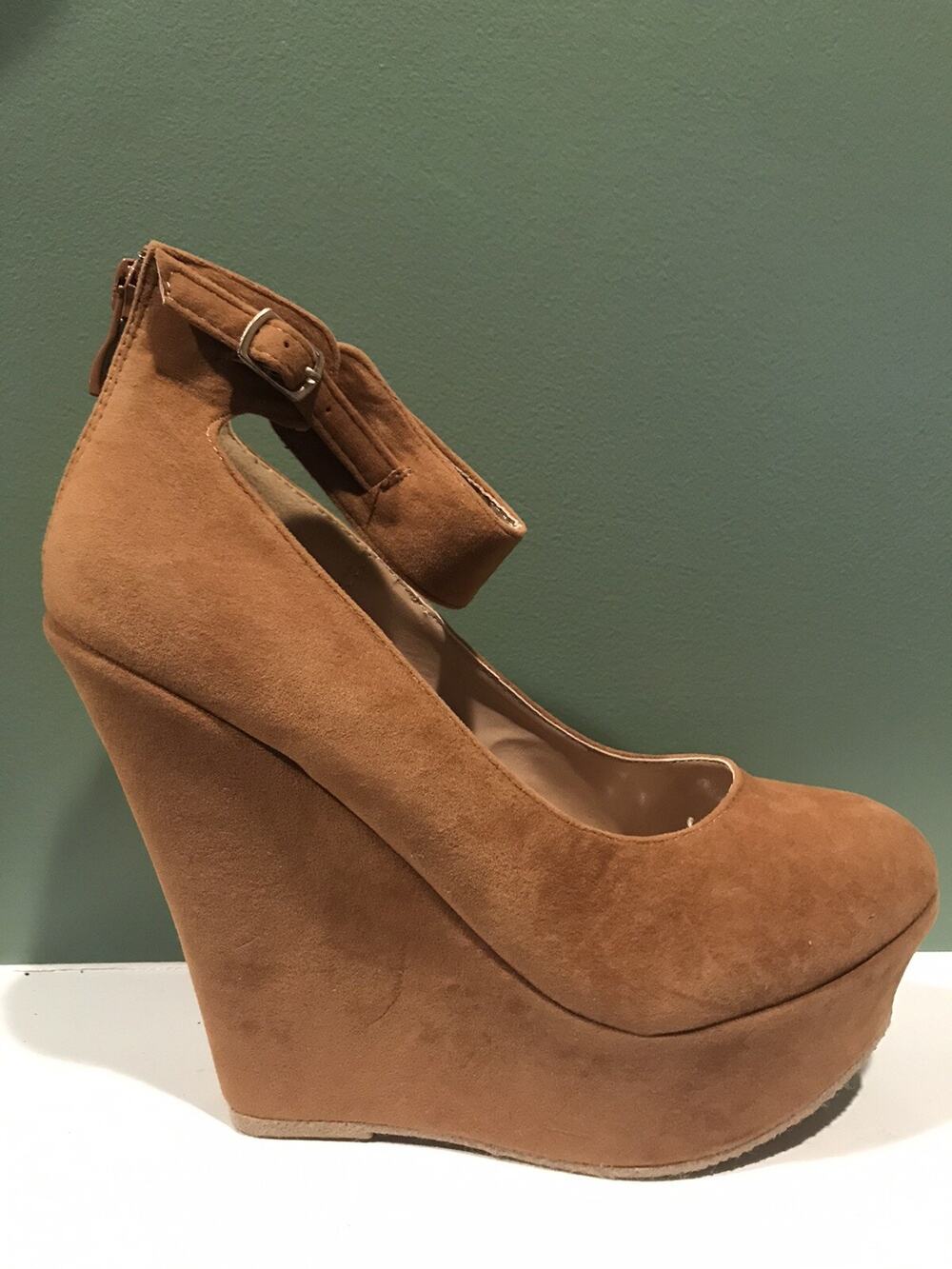 Women's 5 Inch Heel Tan Suede Delicacy Wedge Heels - Size 7